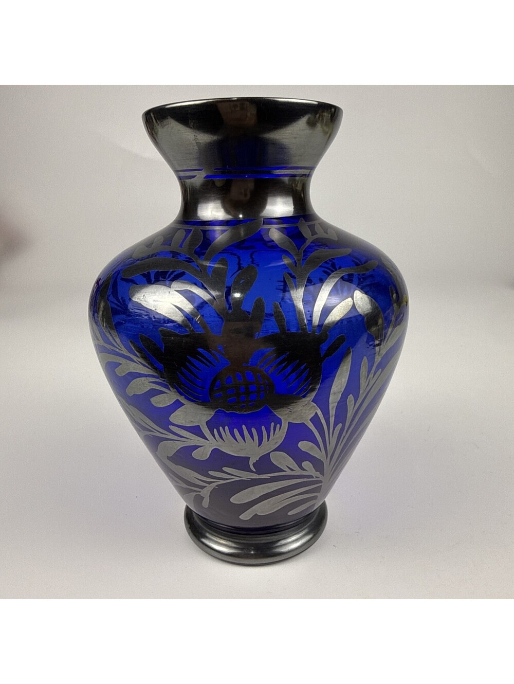 Murano Cobalt Blue Glass Vase Gondola Thistle Silver Overlay Venice Art